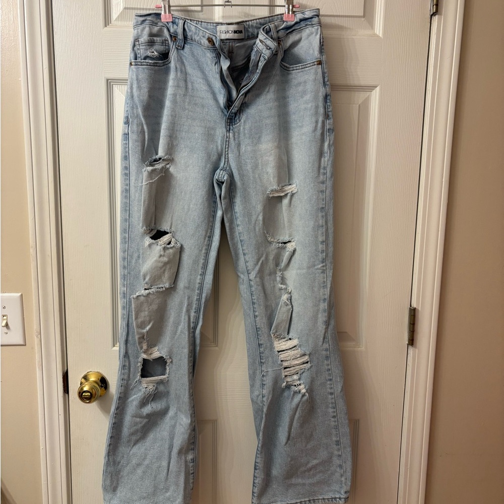 Fashion Nova Light Blue Distressed Wide Leg Jeans